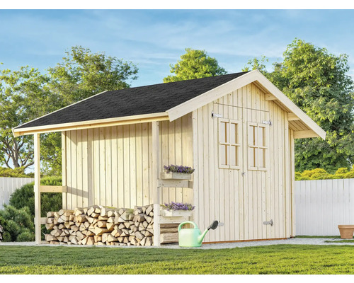 Abri de jardin en bois avec espace de stockage du bois et fenêtres
