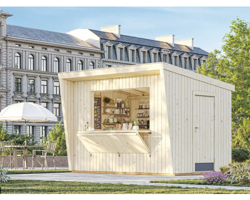 Cabane de jardin en bois avec comptoir de vente, porte et fenêtres dans un jardin.