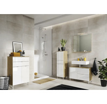 Badezimmer mit Dusche, Waschtisch, Spiegelschrank, Hochschrank und Unterschrank in hellem Design