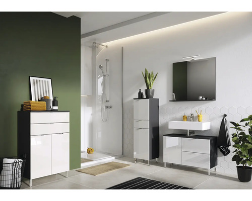 Salle de bains avec douche, meuble sous-lavabo et armoire haute dans un design moderne