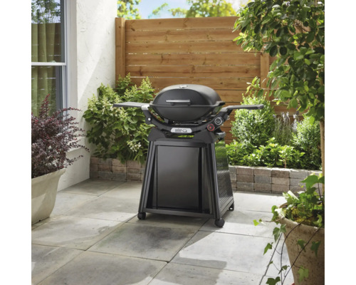Weber Gasgrill auf Terrasse mit Pflanzen und Holzwand