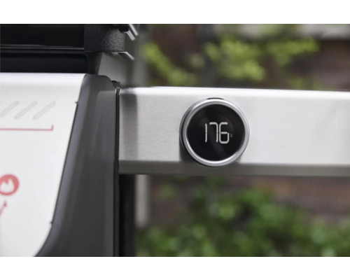Nahaufnahme eines Grillthermometers mit einer Anzeige von 176 Grad.