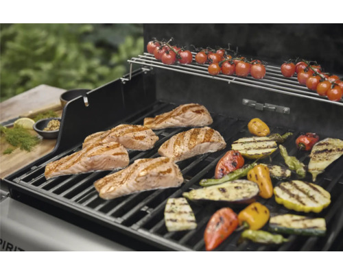 Grill mit Lachs, Peperoni, Zucchetti und Tomaten