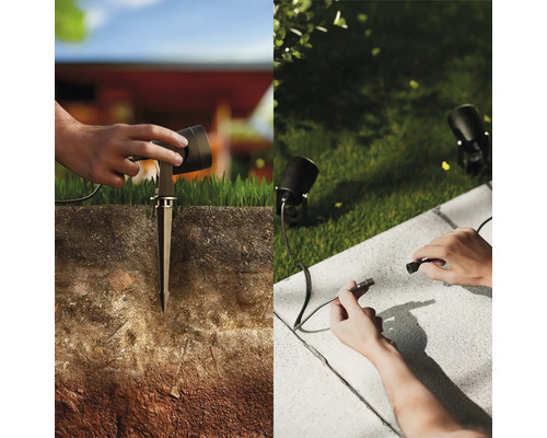 Scène de jardin avec projecteur à piquet pour éclairage de jardin et raccordement pour luminaires de jardin