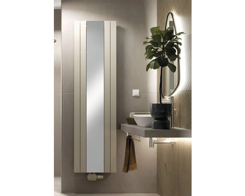 Rotheigner Designheizkörper MIRROR 1800 x 514 mm beige Anschluss Mittig unten Badezimmer mit Heizkörper, Spiegel und Waschbecken