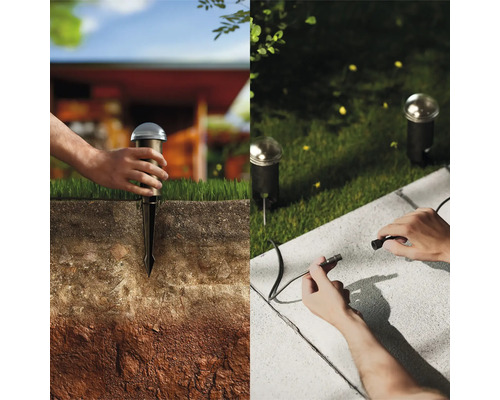 Installation de luminaires de jardin avec piquet de terre et connexion enfichable