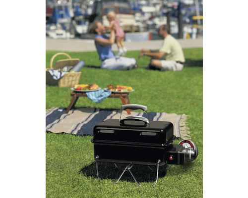 Szene mit tragbarem Grill, Picknickdecke und Familie im Freien
