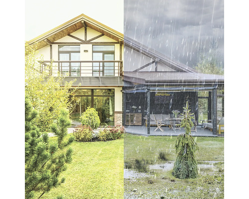 Haus mit Gartenhälfte bei Sonnenschein und Gartenhälfte mit transparentem Wetterschutz bei Regen