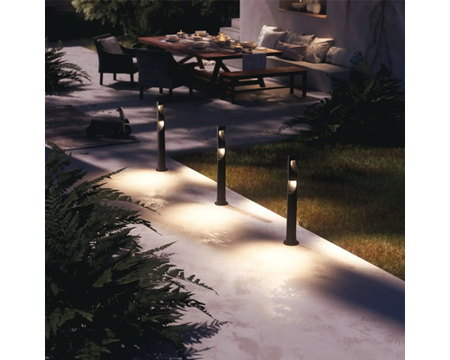 Chemin de jardin éclairé avec bornes lumineuses, coin salon en arrière-plan.