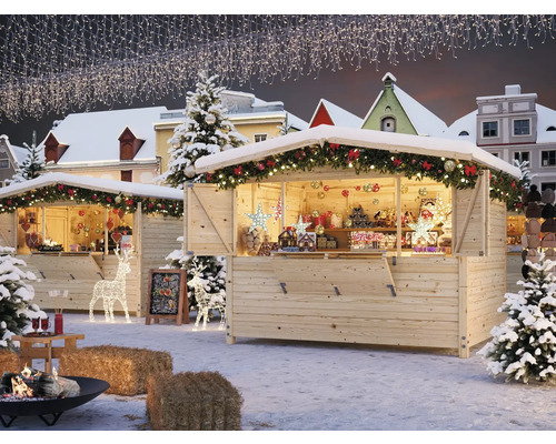 Stand de marché Palmako Marian 6,2 m² avec plancher 328 x 284 cm naturel Marché de Noël avec stands en bois, décorations, illuminations et environnement enneigé