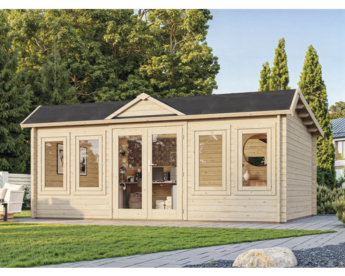 Abri de jardin avec fenêtres et double porte sur pelouse