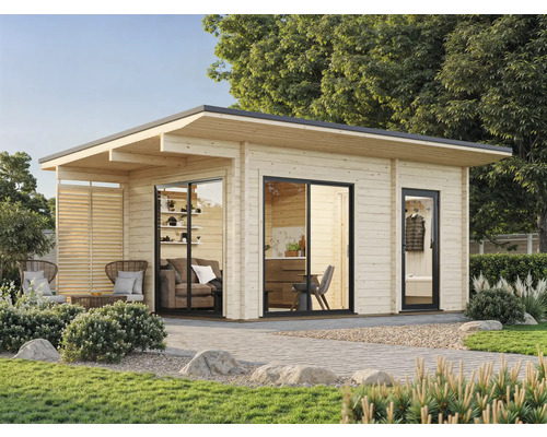 Abri de jardin Palmako Cecilia 14,2 m² avec plancher 645 x 459 cm naturel Maison de jardin en bois avec terrasse, portes coulissantes et meubles modernes dans le jardin