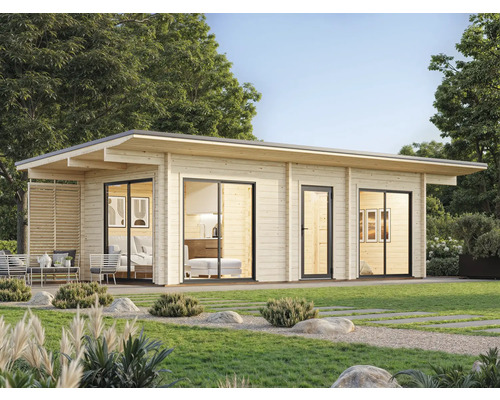 Abri de jardin Palmako Cecilia 21,8 m² avec plancher 1030 x 460 cm naturel Abri de jardin moderne avec de grandes fenêtres et terrasse dans un paysage de jardin.