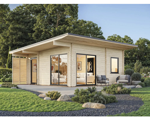 Abri de jardin Palmako Cecilia 27,2 m² avec plancher 675 x 712 cm naturel Maison de jardin moderne en bois avec terrasse et grandes baies vitrées.