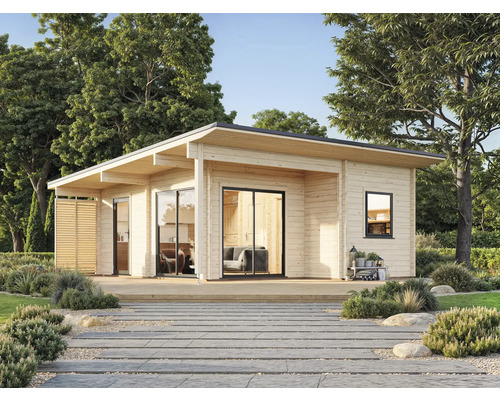Abri de jardin Palmako Cecilia 30 m² avec plancher 680 x 813 cm naturel Maison de jardin moderne en bois avec de grandes surfaces vitrées et un toit plat.