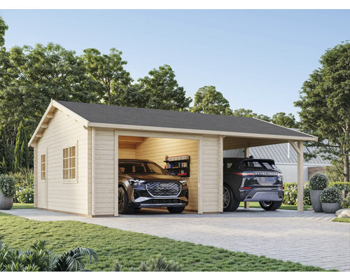 Garage en bois avec deux emplacements et deux voitures