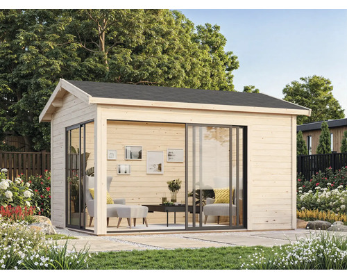 Abri de jardin en bois avec portes coulissantes et aménagement intérieur