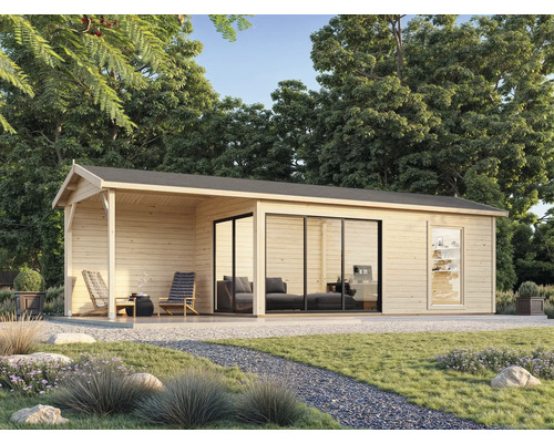 Abri de jardin moderne en bois avec terrasse et grandes fenêtres