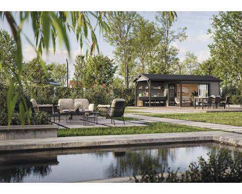 Jardin avec pavillon de jardin, mobilier de jardin, cuisine extérieure et bassin