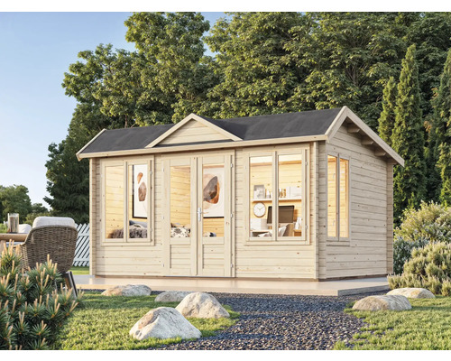 Abri de jardin avec fenêtres et double porte dans le jardin