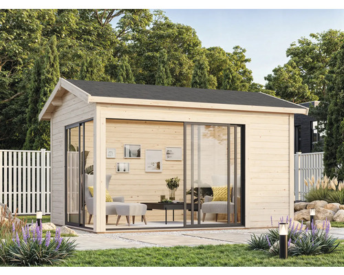 Abri de jardin en bois avec portes coulissantes et toit plat dans le jardin