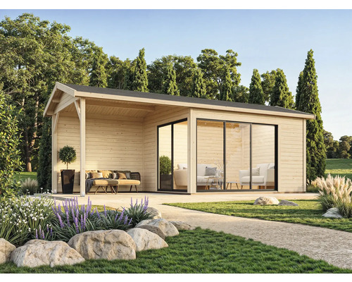 Abri de jardin en bois avec portes coulissantes en verre et terrasse couverte dans le jardin