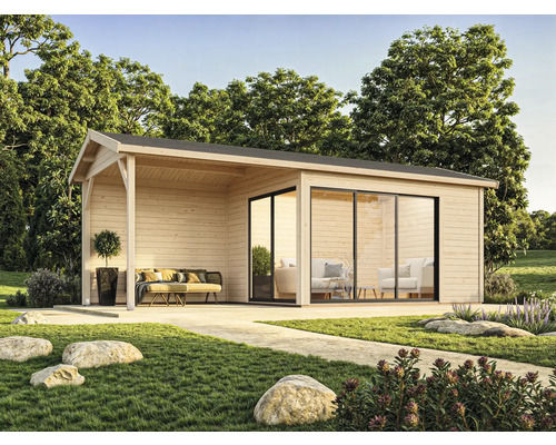 Gartenhaus mit Holzfassade, überdachter Terrasse und Glasschiebetüren