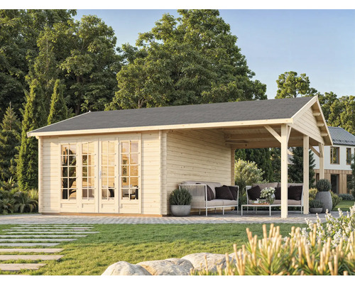 Abri de jardin avec terrasse couverte et mobilier de jardin sur pelouse