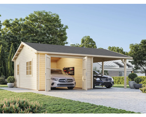 Doppelgarage aus Holz mit zwei parkierten Autos und Geräteschuppen