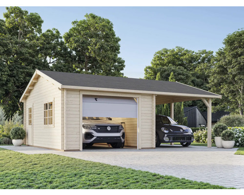 Garage en bois avec abri voiture attenant et deux voitures