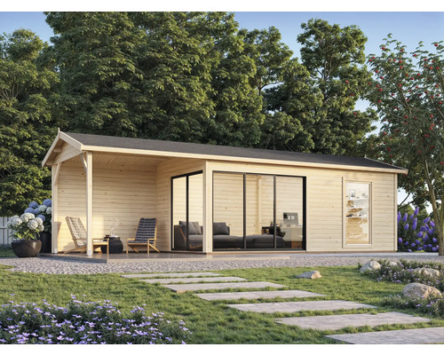 Abri de jardin moderne avec terrasse, grandes fenêtres et portes coulissantes.