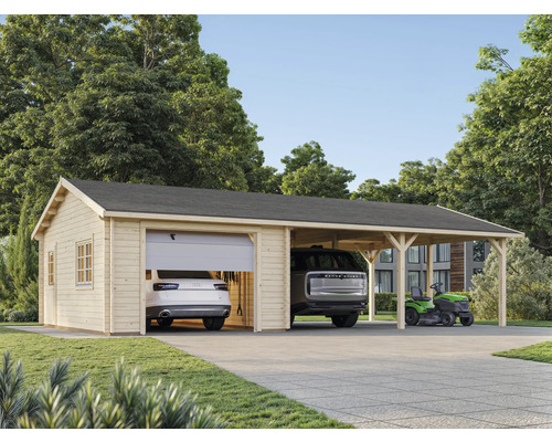 Garage mit Carport aus Holz mit zwei Autos und einem Rasenmäher