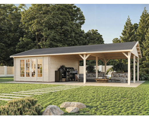 Maison de jardin en bois avec toit et espace barbecue dans le jardin