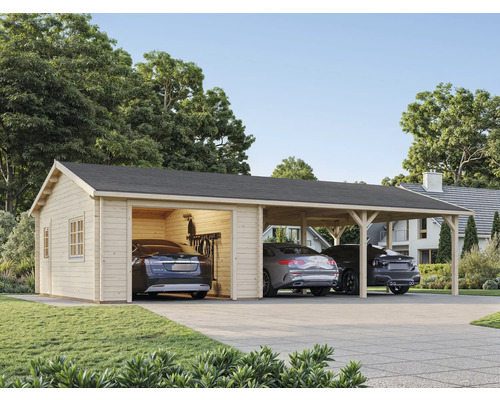 Garage en bois avec abri de voiture et voitures garées.