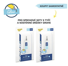 Zwei Packungen Grohe QuickGlue Klebesets für Duschprodukte mit Montagevorlage für Duschstange.