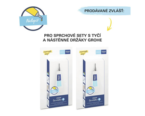 Zwei Grohe QuickGlue Klebesets für Duschprodukte mit Montagevorlage