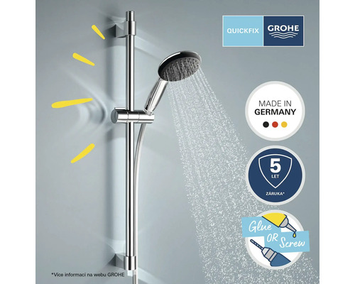 Brausestangenset mit Handbrause im Betrieb. Gütesiegel: Made in Germany. Fünf Jahre Garantie. Schnellmontage durch Kleben oder Schrauben. Grohe Logo.