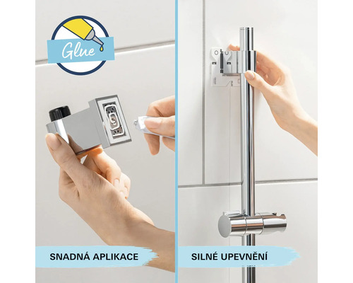 Demonstration der Montage einer Duschstange mit Klebstoff an einer gefliesten Wand