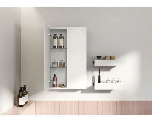 Badezimmer mit Spiegelschrank, Glasregalen und zwei weißen Wandregalen