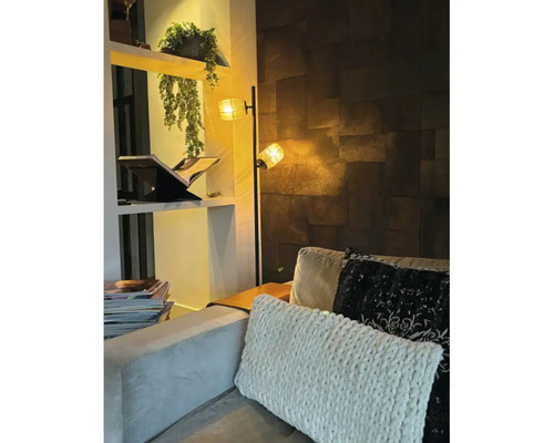 Salon avec lampadaire, étagère et coussins sur le canapé.