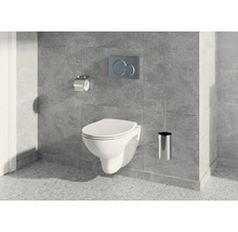 Salle de bain avec WC suspendu, brosse de toilette, support papier toilette et plaque de commande