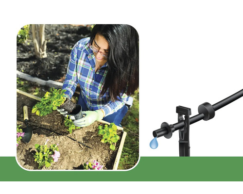 Femme plantant des fleurs dans un jardin avec un système d''irrigation goutte à goutte.