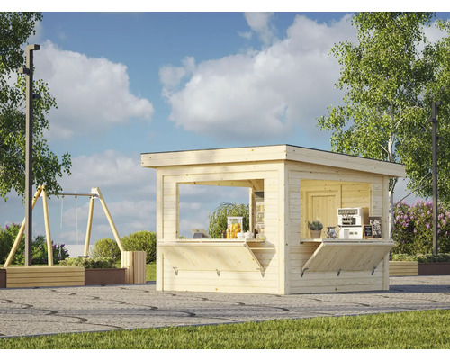 Marktstand Palmako Lenna 8,3 m² Set 306 300 x 300 cm tauchimprägniert Holzverkaufsstand im Aussenbereich mit geöffneten Klappen und Verkaufsgegenständen