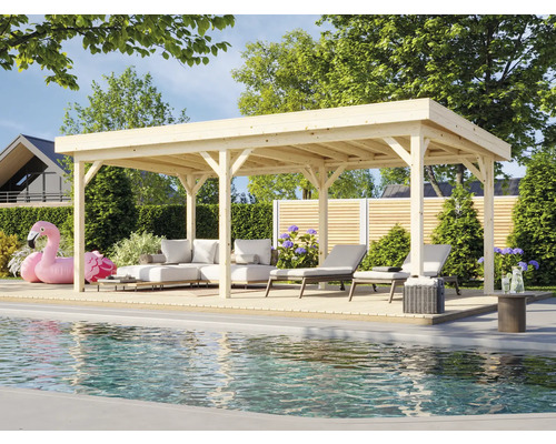 Pavillon Palmako Lenna 16,6 m² 588 x 300 cm tauchimprägniert Holzpergola mit Gartenmöbeln und Pool im Aussenbereich