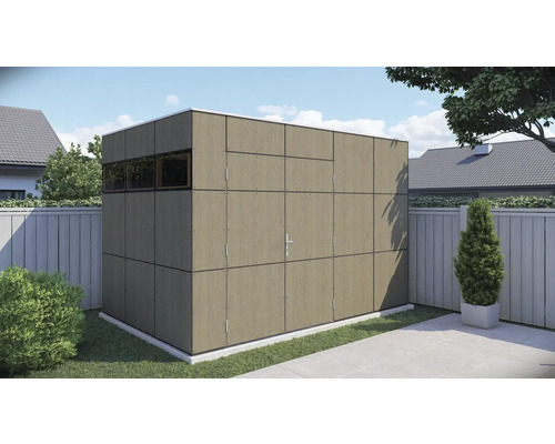 Gartenhaus Bertilo Trespa HPL Design 2 345 x 236 cm Milano Grigio Holzoptik Gartenhaus mit Tür und Fenster im Garten