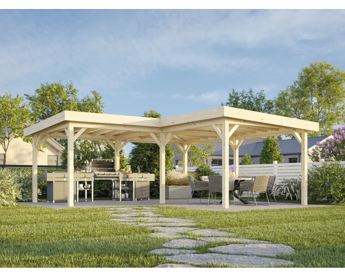 Quadratischer Pavillon aus Holz mit Grillbereich und Sitzgelegenheit im Garten.