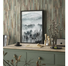 Image décorative avec paysage de montagne en noir et blanc sur commode