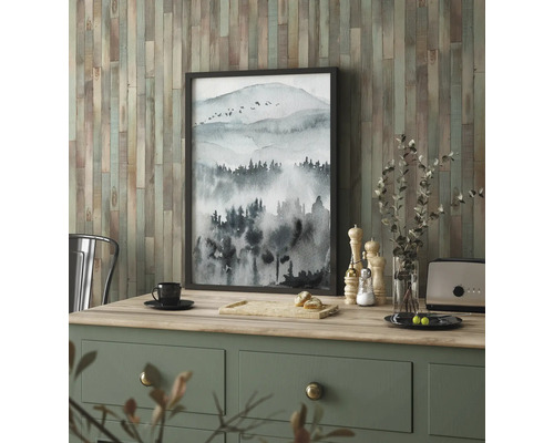 Image décorative avec paysage de montagne en noir et blanc sur commode