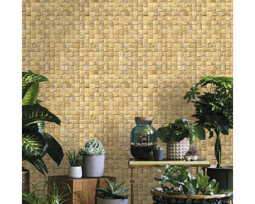 Intérieur avec papier peint aspect rotin et diverses plantes en pot.