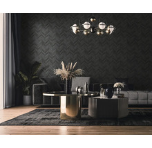 Salon avec canapé, table basse, tapis et plafonnier